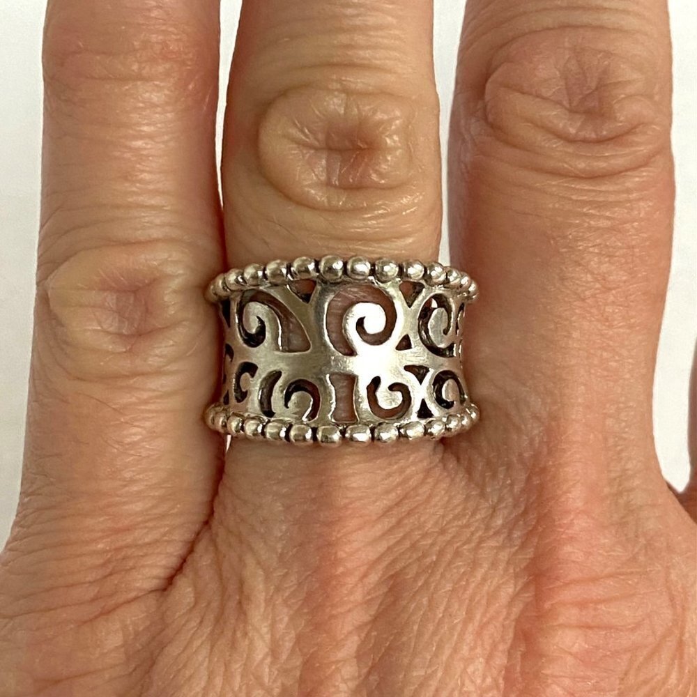 Sterling Silver 925 Curved Pierced Scrollwork 0.5" Wide Band Ring Size 6.5